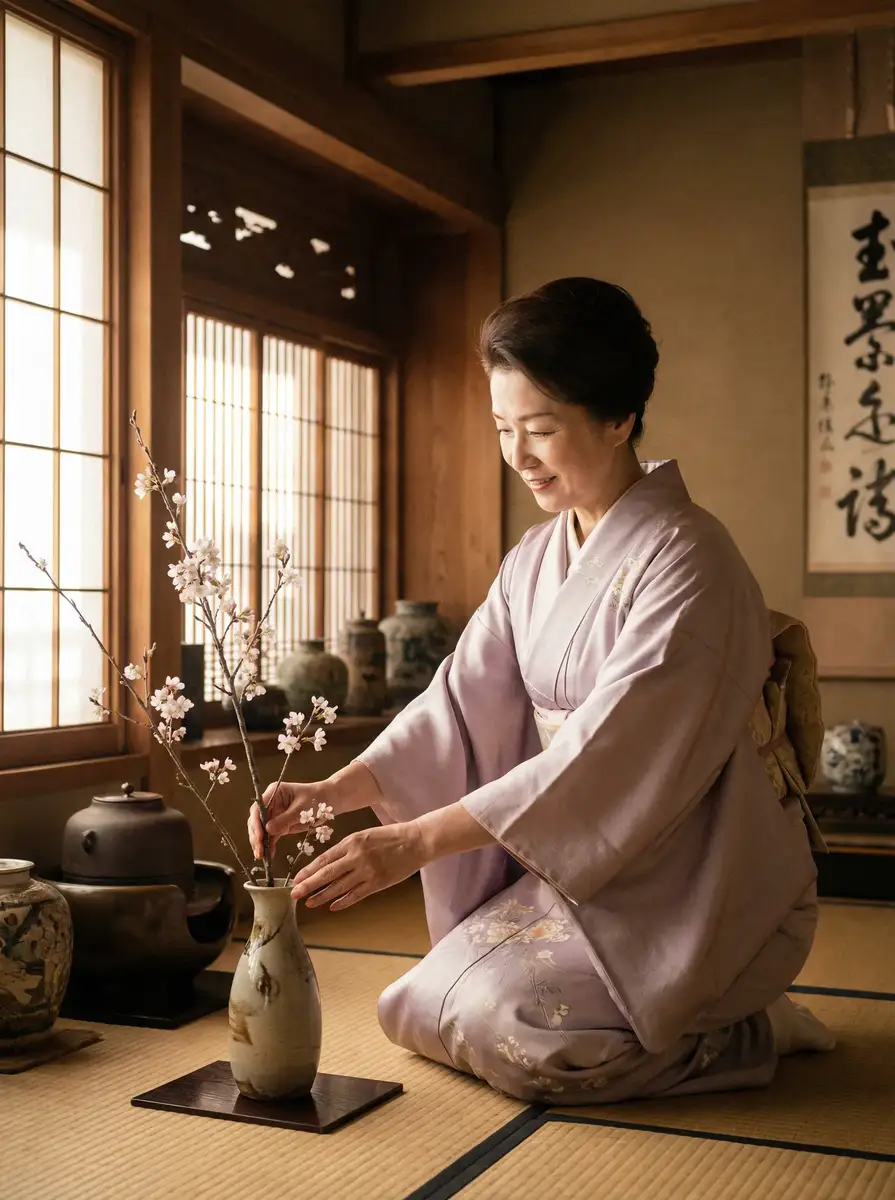 一位优雅的 澳门新葡京网站 在和室中插花